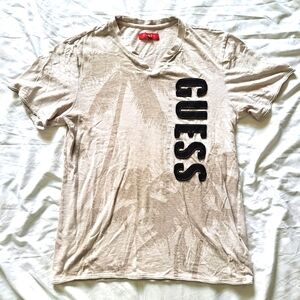 GUESS | Tan men's palm tree short sleeve t shirt with raised logo